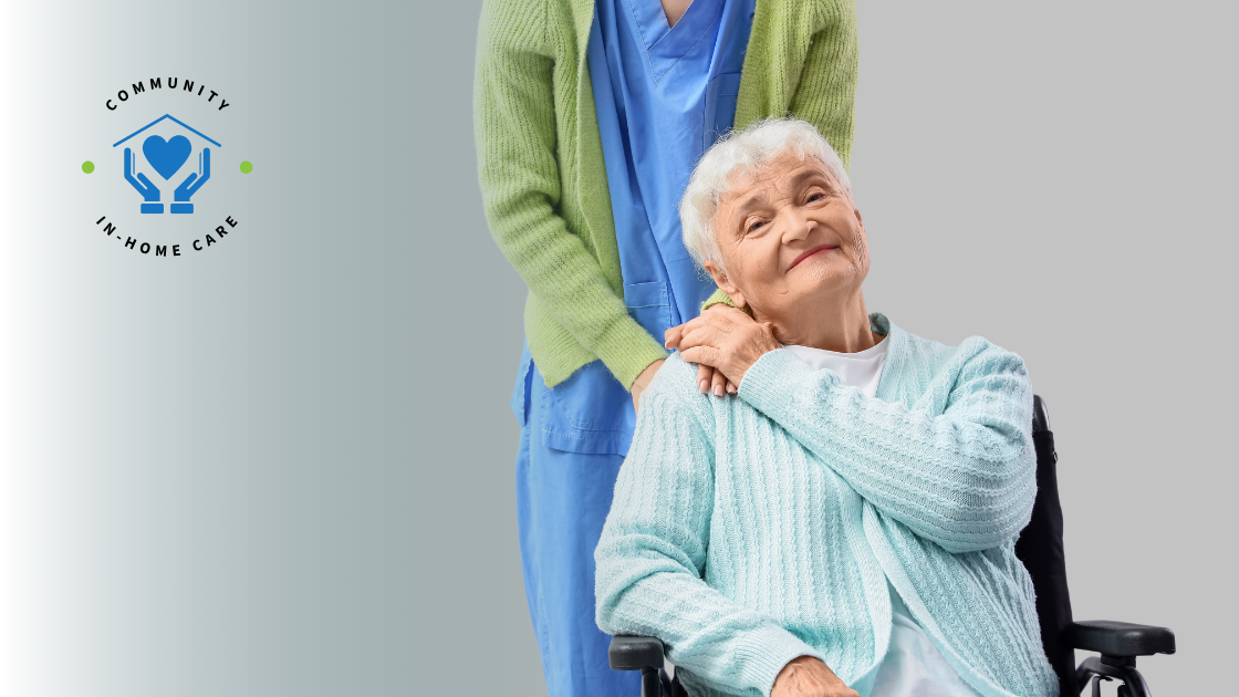Caregiver supporting a senior woman in a wheelchair, representing compassionate in-home care in Northwest Indiana