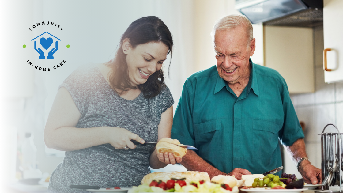 Older man preparing a meal with a caregiver at home, representing in-home care for aging parents in Northwest Indiana