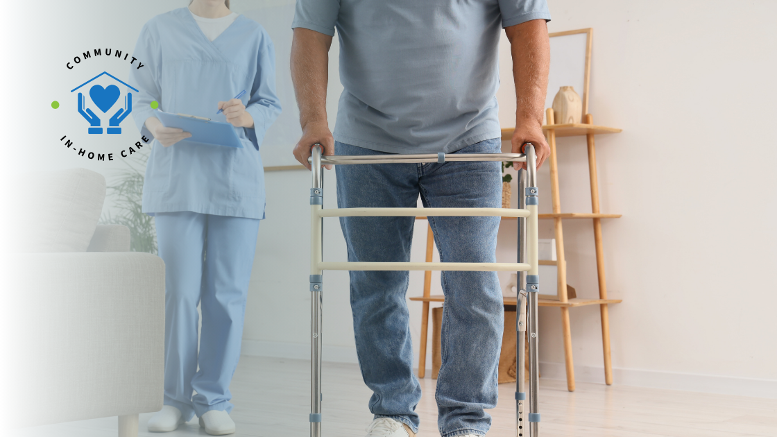 Individual using a walker with caregiver support, representing habilitation services and independent living support in Indiana